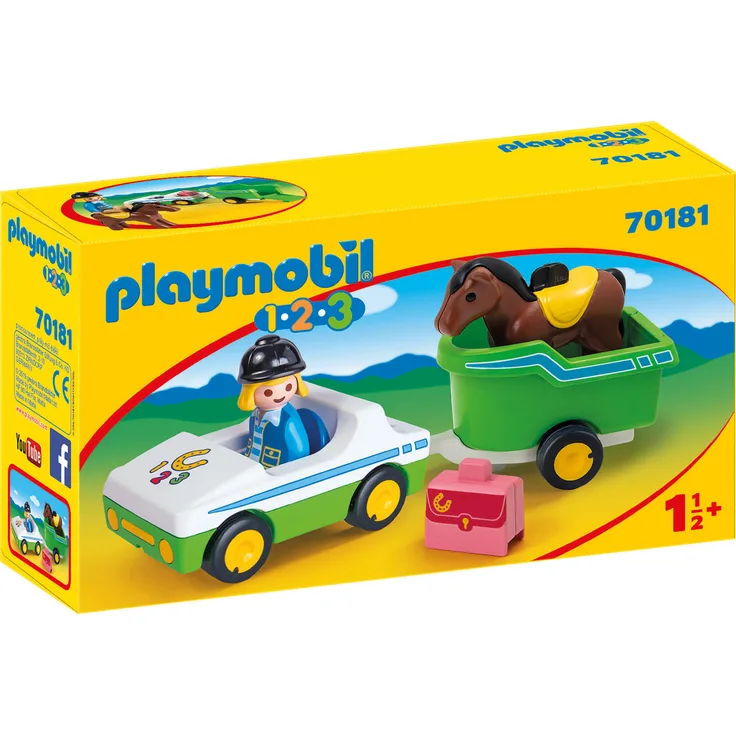 Playmobil 1.2.3 70181 'PKW mit Pferdeanhänger', 5 Teile, ab 1,5 Jahren
