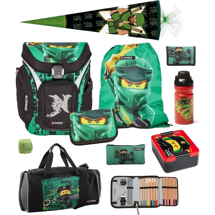 Lego Explorer Schulranzen Komplett-Set 10tlg. NINJAGO GOLDEN POWER Ranzen 1. Klasse mit Sporttasche und Ninja Schultüte