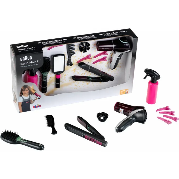Theo Klein Megafrisierset, 10-tlg, Braun Satin Hair 7, Frisierset, Haarbürste, Fön, Spielzeug, Kinder, 5898