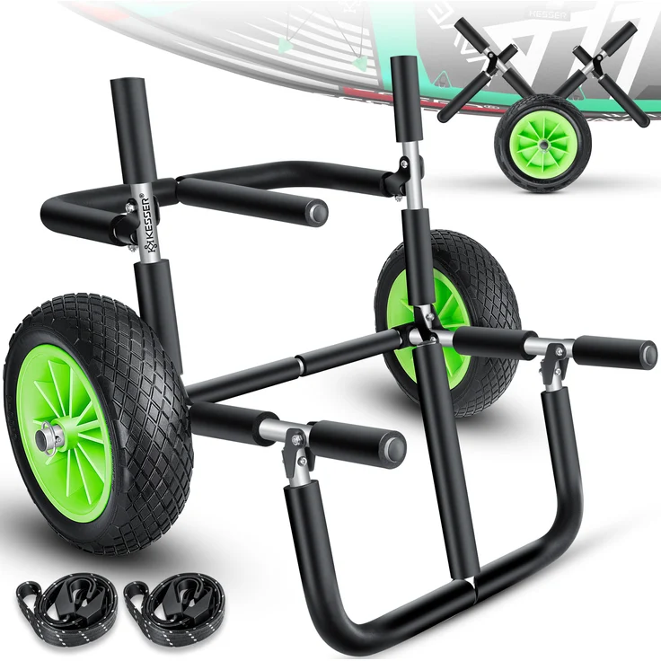 KESSER® Surfwagen Surfboard Transportwagen für SUP-Board Stand Up Paddle Board Transport Kajakwagen - klappbar gepolstert - 10 Zoll PU-Reifen Alu - inkl. 2 Sicherungsgurte Silber / Schwarz, Doppel