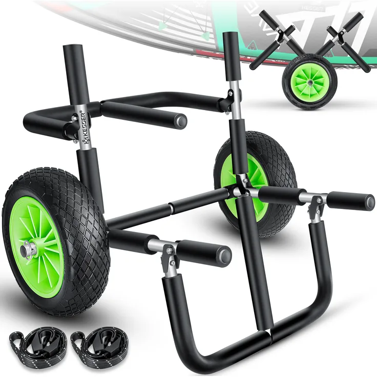 KESSER® Surfwagen Surfboard Transportwagen für SUP-Board Stand Up Paddle Board Transport Kajakwagen - klappbar gepolstert - 10 Zoll PU-Reifen Alu - inkl. 2 Sicherungsgurte Silber / Schwarz, Doppel