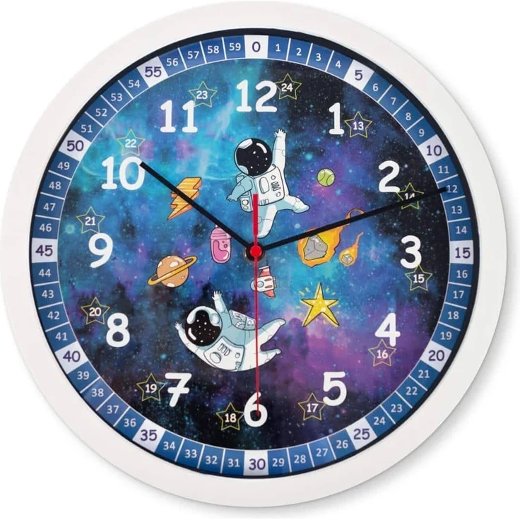 K&L Lautlose Kinder Wanduhr für Mädchen und Jungen langlebige Lernuhr 30cm groß Uhrzeit lesen Lernen Kinderuhr Lesehilfe (30 cm, Fliegende Astronauten) - Preisvergleich – Bild 1
