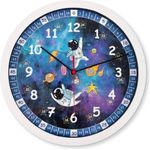 K&L Lautlose Kinder Wanduhr für Mädchen und Jungen langlebige Lernuhr 30cm groß Uhrzeit lesen Lernen Kinderuhr Lesehilfe (30 cm, Fliegende Astronauten) - Preisvergleich