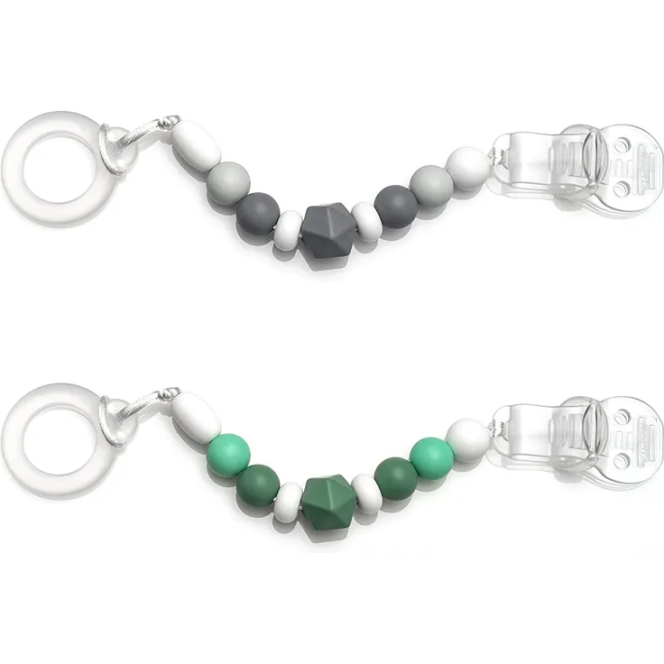 MiaMia Schnullerkette 2er Pack - Baby Schnullerband Perlen passend z. B. für AVENT, Nuk, MAM, Bips uvm. / 2 Stück Silikon Schnullerketten mit Clip, Gummiring und Schnur (Grau + Grün)