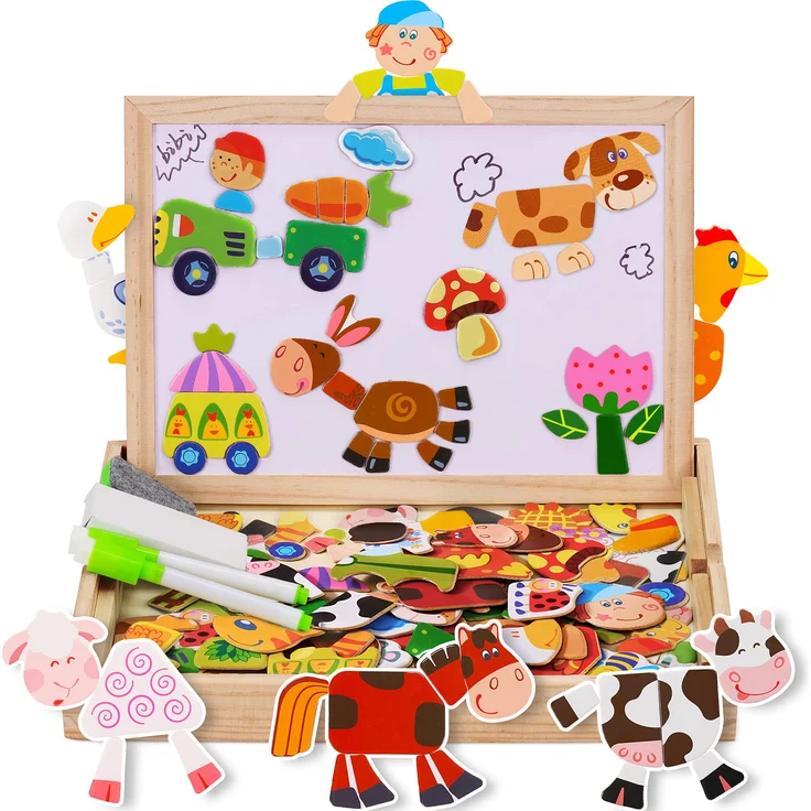 COOLJOY Magnetisches Holzpuzzle mit Doppelseitiger Tafel, Flyfun Holzspielzeug Puzzles Kinder 3 Jahre, Pädagogische Lernspiel 100 Bunten Teile, Kreativ Geschenk für Kinder (Farmmuster)