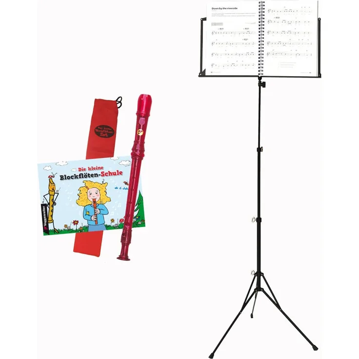 Voggenreiter Blockflöten-Set, 4-tlg, Voggy Blockflöte, Volt Notenständer NS-100, Flöte, Deutsche Griffweise, Notenpult