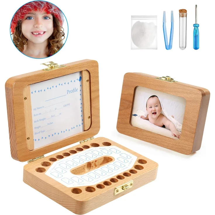 LEADSTAR Zahndose Holz, Bilderrahmen Zahnbox, Milchzahndose Mädchen/Jungen, Milchzähne Box Nabelschnur Zahndöschen, Baby Kinder Geschenk Souvenir Aufbewahrungsbox - 5 Zubehör