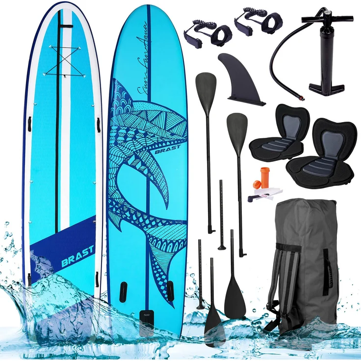 BRAST SUP Board Shark Aufblasbares Stand up Paddle Set XXL 370x87x15cm bis 210kg incl. Zubehör 5 Jahre Garantie 2X Kajak-Sitz 2X Fußschlaufe 2X Paddel Pumpe Rucksack – Bild 4