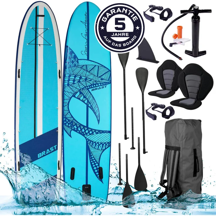 BRAST SUP Board Shark Aufblasbares Stand up Paddle Set XXL 370x87x15cm bis 210kg incl. Zubehör 5 Jahre Garantie 2X Kajak-Sitz 2X Fußschlaufe 2X Paddel Pumpe Rucksack – Bild 1