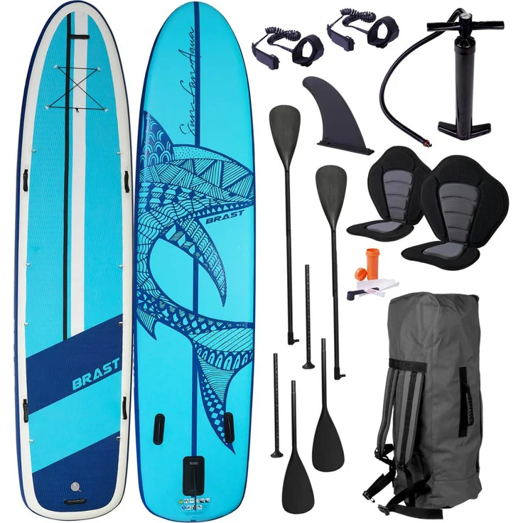BRAST SUP Board Shark Aufblasbares Stand up Paddle Set XXL 370x87x15cm bis 210kg incl. Zubehör 5 Jahre Garantie 2X Kajak-Sitz 2X Fußschlaufe 2X Paddel Pumpe Rucksack – Bild 2