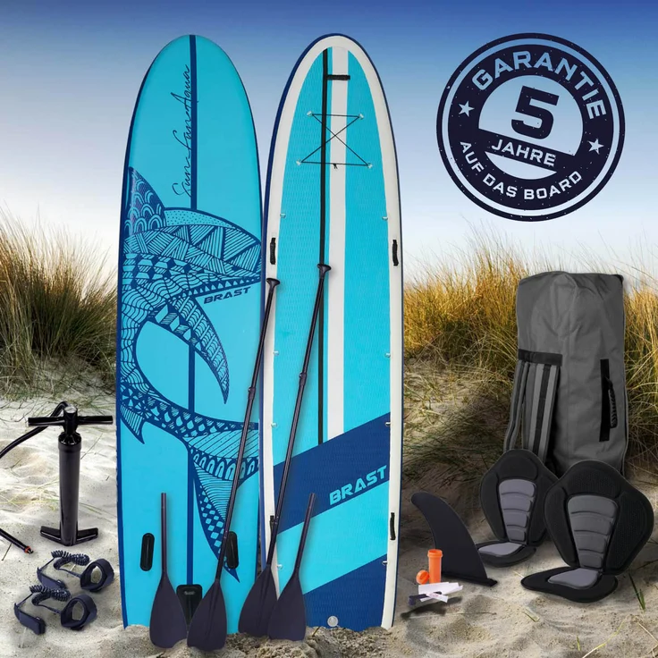 BRAST SUP Board Shark Aufblasbares Stand up Paddle Set XXL 370x87x15cm bis 210kg incl. Zubehör 5 Jahre Garantie 2X Kajak-Sitz 2X Fußschlaufe 2X Paddel Pumpe Rucksack – Bild 3