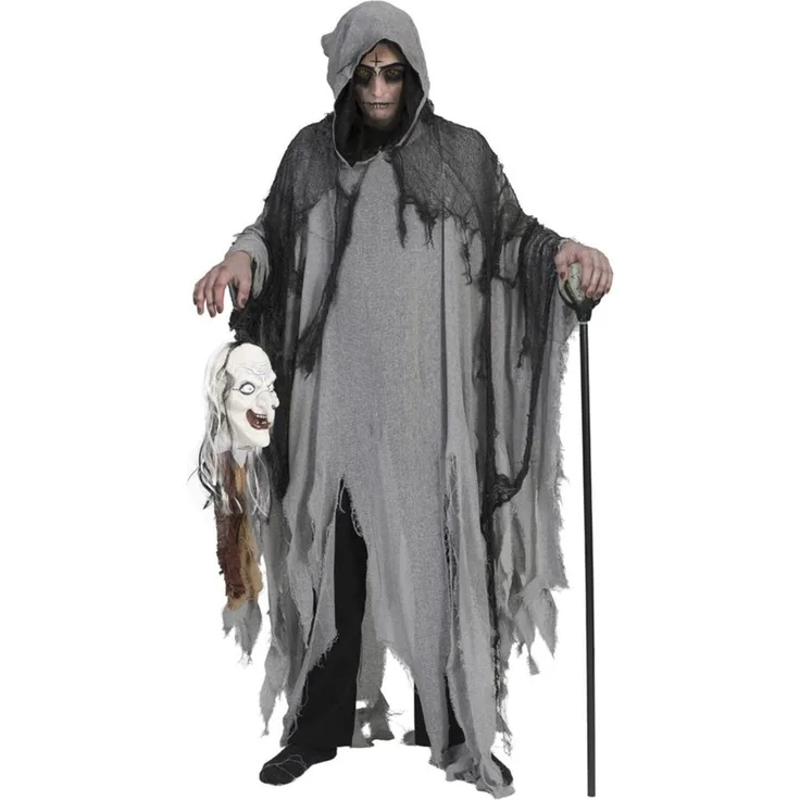 Halloween Umhang mit Kapuze - Grau - Gruseliges Ghul Tod Zombie Kostüm für Halloween, Mottoparty oder Karneval