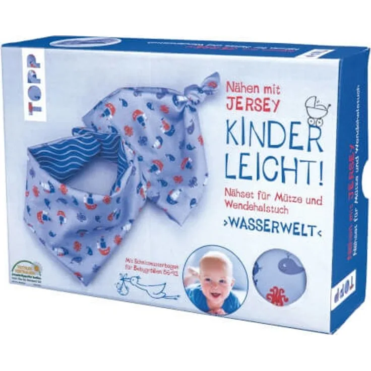 Nähen mit Jersey - Kinderleicht! Nähset Mütze und Wendetuch Wasserwelt: Anleitung und Material für eine Knotenmütze und EIN Wendedreieckstuch aus Jersey-Stoff für Jungen zum Selbernähen