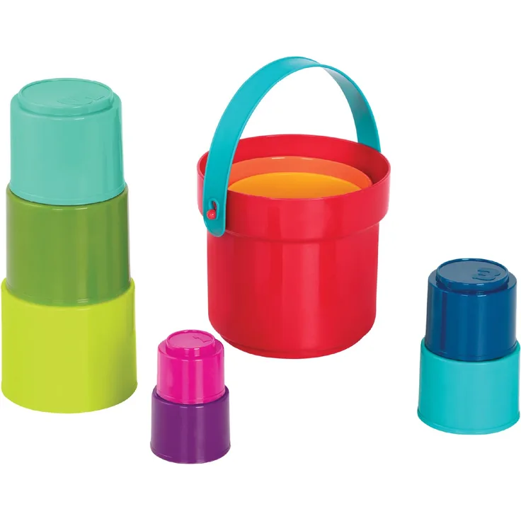 Battat 10 Eimer und Stapelbecher – Stapelturm, Sandspielzeug, Badewannenspielzeug, Wasserspielzeug, Motorikspielzeug – Baby Spielzeug ab 18 Monate
