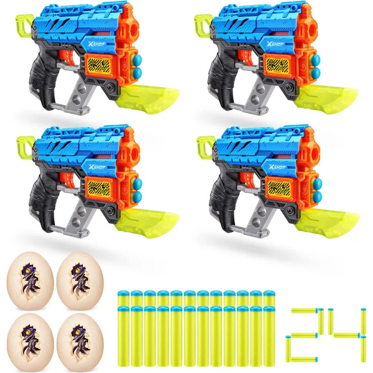 X-Shot Dino Attack 4er Pack Extinct Schaumstoffdart-Blaster (4 kleine Dino-Eier, 24 Darts)