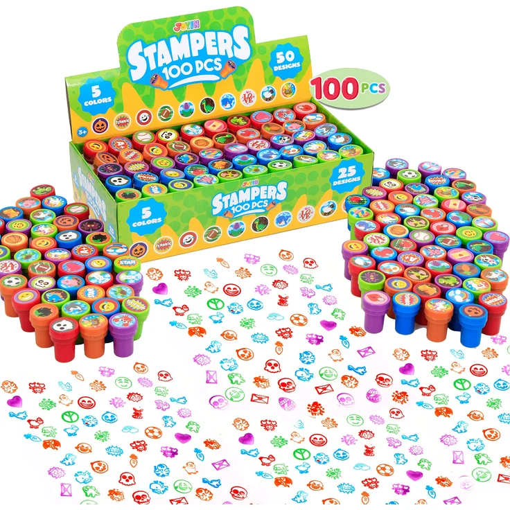 JOYIN 100 stück Stempel für Kinder, selbstfärbende Stempelset 3 Jahre(50 Designs, Plastikstempel, Emoji-Stempel, Dinosaurier-Stempel, Zoo-Safari-Stempel) für Ostereier, Partygeschenke, Lehrer-Stempel