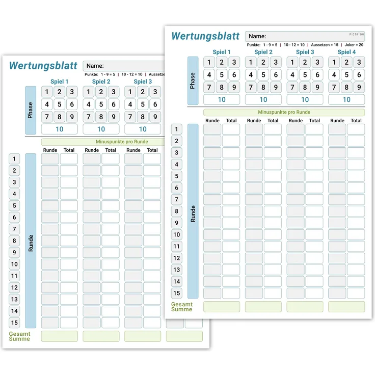 Wertungsblatt Block DIN A5, gut lesbar und übersichtlich gestaltet, moderner Ersatzblock mit Phasen, großer Spielblock für Würfel und Kartenspiele, für Senioren und Kinder geeignet, Familienspiel (2x)