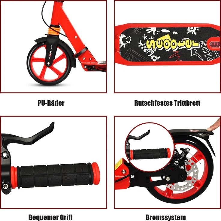 COSTWAY Kickscooter mit Klingel & Traggurt, Scooter höhenverstellbar, Cityroller bis 100kg belastbar, klappbar – Bild 5
