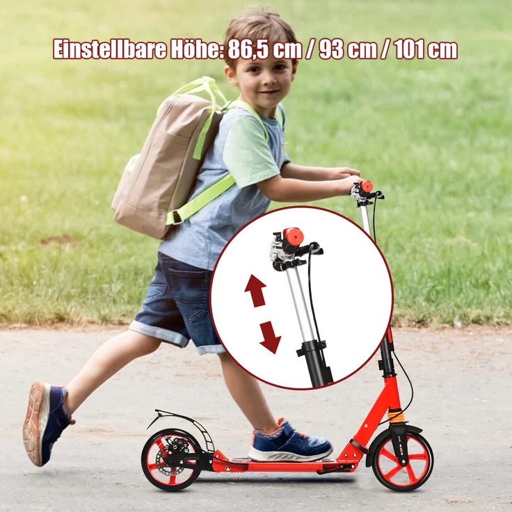 COSTWAY Kickscooter mit Klingel & Traggurt, Scooter höhenverstellbar, Cityroller bis 100kg belastbar, klappbar – Bild 2