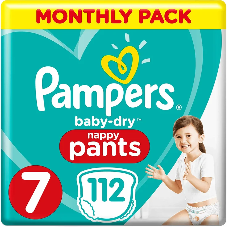 Pampers Baby-Dry Windelhöschen Größe 7 Monatliche Sparung, 112 Windelhöschen, 17 + kg, Monatspackung – Bild 1