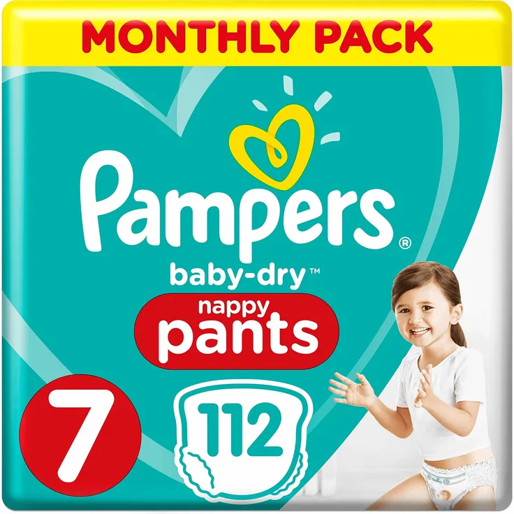 Pampers Baby-Dry Windelhöschen Größe 7 Monatliche Sparung, 112 Windelhöschen, 17 + kg, Monatspackung