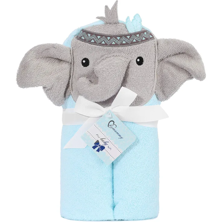 Be Mammy Kapuzenhandtuch Babyhandtuch aus Baumwolle 95cm x 95cm BE20-272-BBL (Blau - Elefant)
