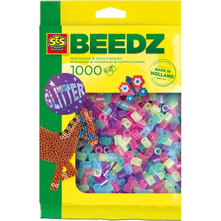 SES 00746 Bügelperlen 1000 Stück Glitzer Mix, Diverse Farben