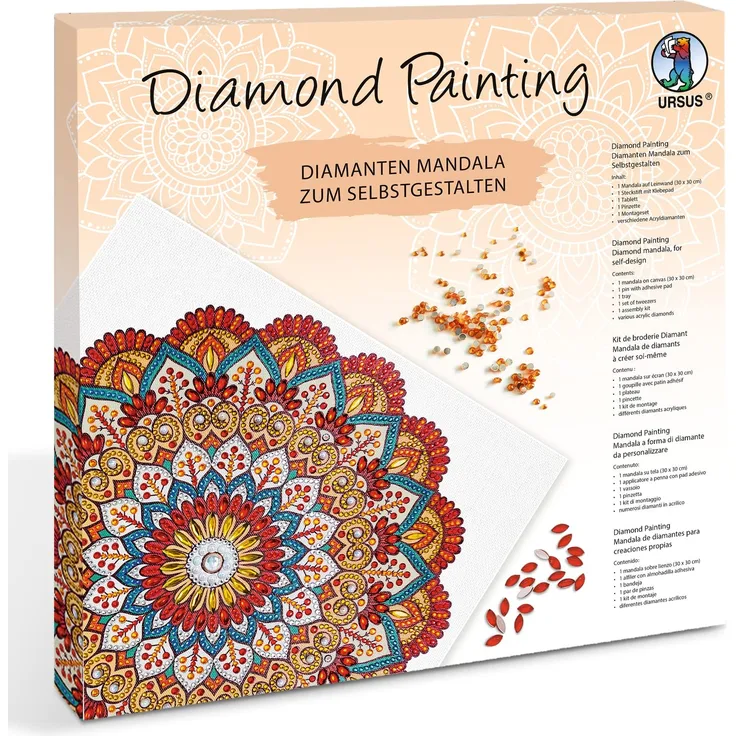 Ursus 43520006F - Diamond Painting Mandala Set 6, Bastelset mit Steinchen in Rot-, Orange- und Petroltönen zum Selbstgestalten, eine Leinwand ca. 30 x 30 x 1,5 cm groß