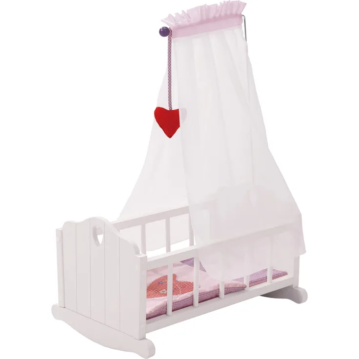 roba Puppenwiege aus Puppenmöbel Serie „Fienchen“, Puppenbett zum Wiegen inkl. textiler Ausstattung, Bettwäsche und Himmel, Puppenzubehör, weiß lackiert