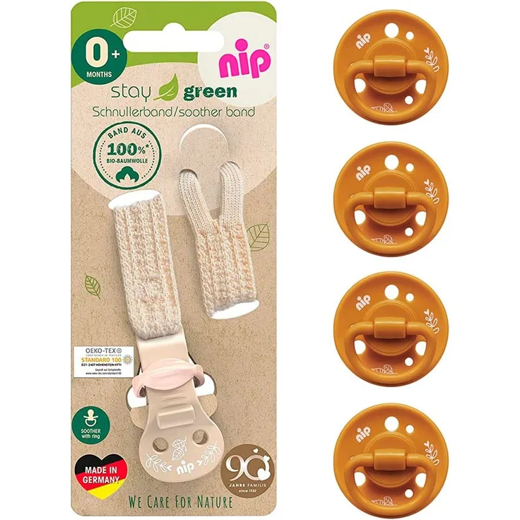 NIP Cherry Rundsauger Schnuller 4 Stück Unisex Gr. 1 // 0-6 Monate // gelb mustard inkl. Schnullerband