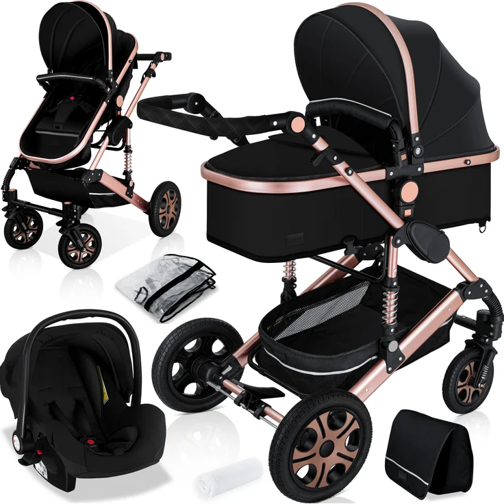 KESSER® Loops 3 in 1 Kinderwagen Kombikinderwagen Komplettset incl. Babywanne & Buggy Sportsitz & Auto-Babyschale - Voll-Gummireifen - Wickeltasche/Regenschutz/Kindertisch Set Schwarz / Rosé Gold – Bild 1