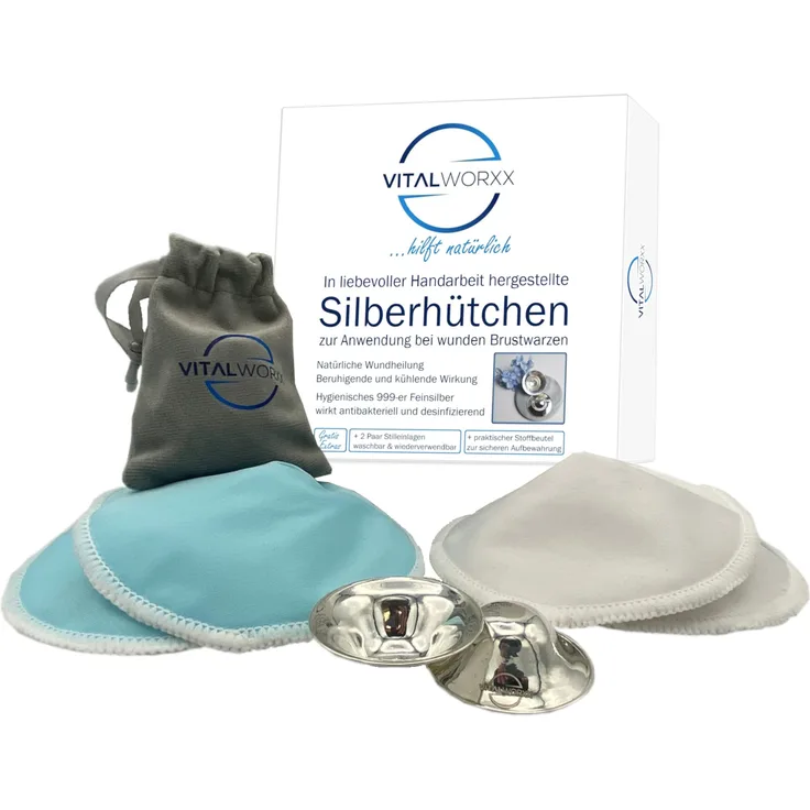 VITALWORXX Silberhütchen aus 999-er Feinsilber (2 Stück), zur Anwendung bei wunden und empfindlichen Brustwarzen, inklusive 2 Paar Stilleinlagen und 1 Aufbewahrungs-Beutel für die Hütchen
