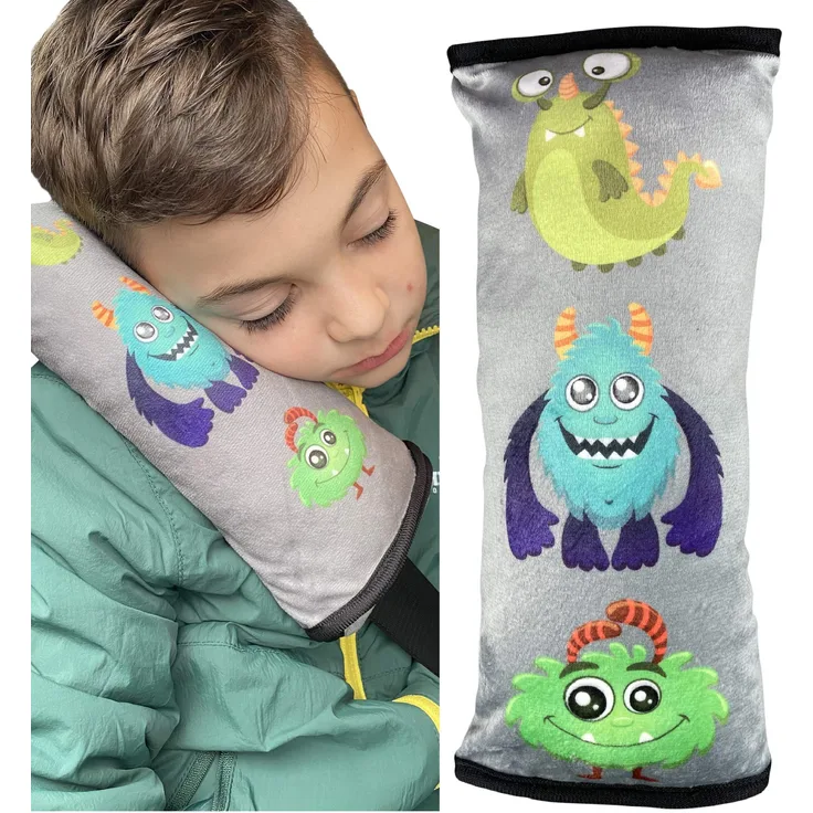 HECKBO Auto Schlafkissen Monster Motiv für Kinder Mädchen Jungen - maschinenwaschbar – kuschelweich - Auto Gurtkissen, Gurtschoner, Gurtschutz Sitzerhöhung, Auto Kissen, Reisekissen, Urlaub