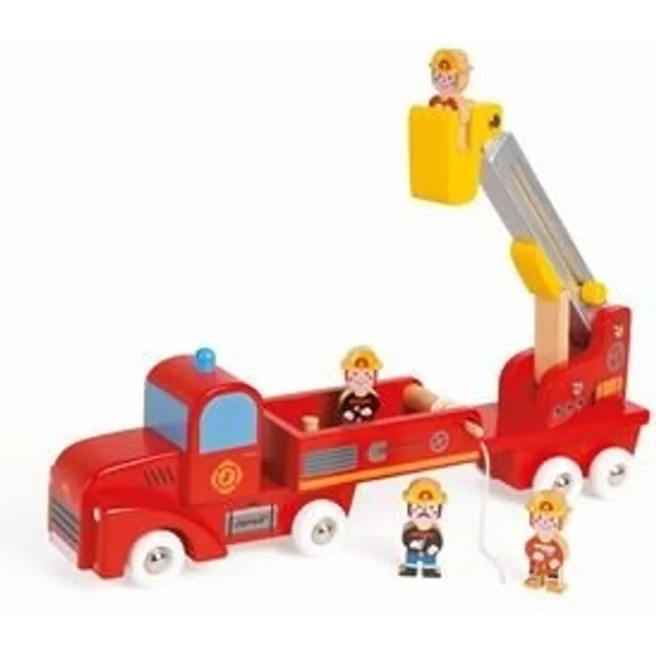 Janod J08573 - Story Feuerwehrauto Holz Groß (Mit vier Holzfiguren)