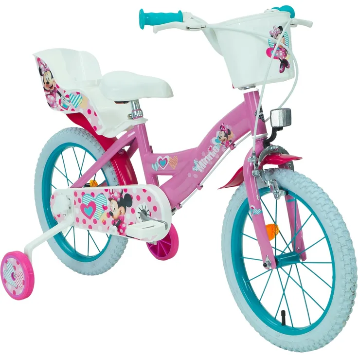 Huffy Kinderfahrrad Disney Minnie Mouse 16 Zoll Rosa mit Stützrädern, Korb und Puppensitz