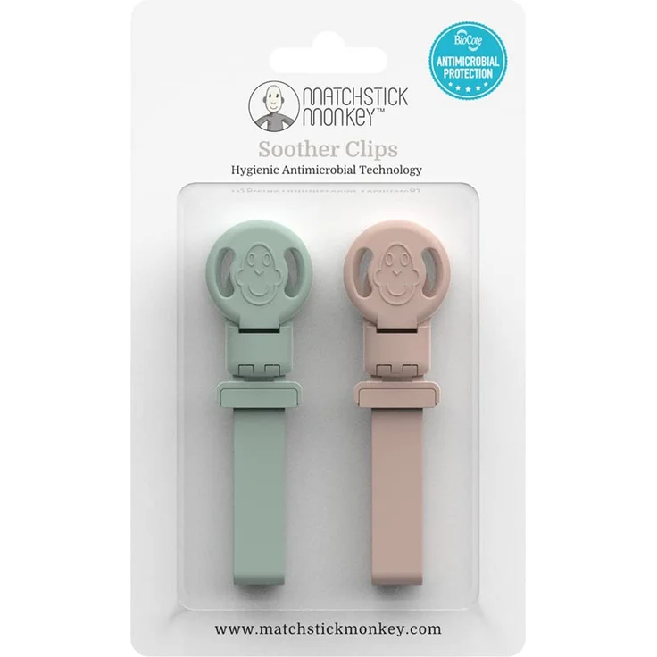 Matchstick Monkey Antimikrobielle Silikon-Schnuller-/Beißring-Clips, BPA-frei, ab 3 Monaten, 19 cm, 2 Stück, Mintgrün und Dusty Pink (ohne Beißring)