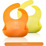 2er Set Babylätzchen mit Haltegurt 30x22cm - BPA-frei weiches Lätzchen Silikon Auffangschale - Kleckerfrei Essen mit Lätzchen Wasserdicht - einfache Reinigung, spülmaschinenfest YAMBINO® (Orange/Grün)