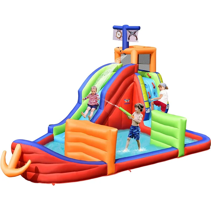 COSTWAY 6 in 1 Hüpfburg mit Rutsche, Aufblasbare Wasserrutsche Spielpool Springburg, Hüpfschloss Outdoor Bouncer Planschbecken für Kinder, 460 x 310 x 290 cm - Preisvergleich – Bild 1
