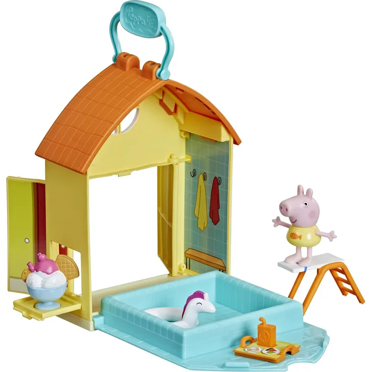 Peppa Pig Peppa’s Adventures Peppas Schwimmbad-Tag Spielset, Vorschulspielzeug, enthält 1 Figur und 4 Accessoires, ab 3 Jahren geeignet
