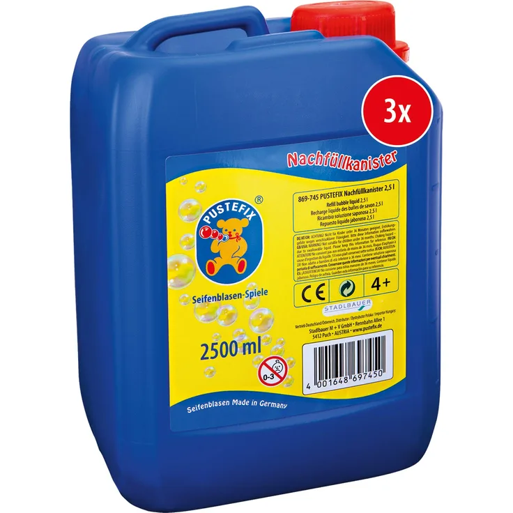 Pustefix Nachfüllkanister I 3 x 2,5 l Seifenblasenflüssigkeit I Bunte Bubbles Made in Germany I Seifenblasen für Hochzeit, Kindergeburtstag, Sommerfest I Bunte Seifenblasen für Kinder & Erwachsene