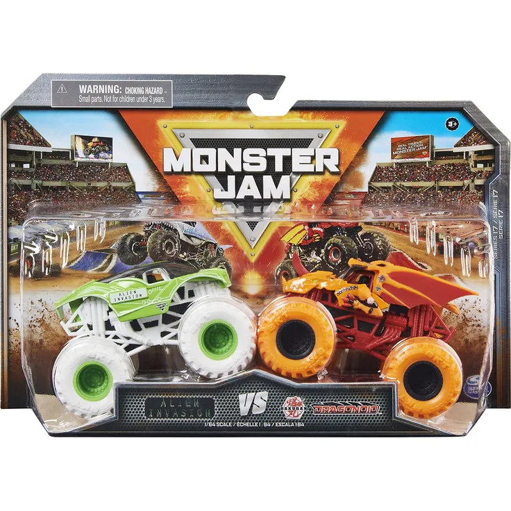 Monster Jam Original Monster Jam Zweier-Pack mit authentischen Monster Trucks im Maßstab 1:64 (Sortierung mit verschiedenen Designs, Zufallsauswahl)