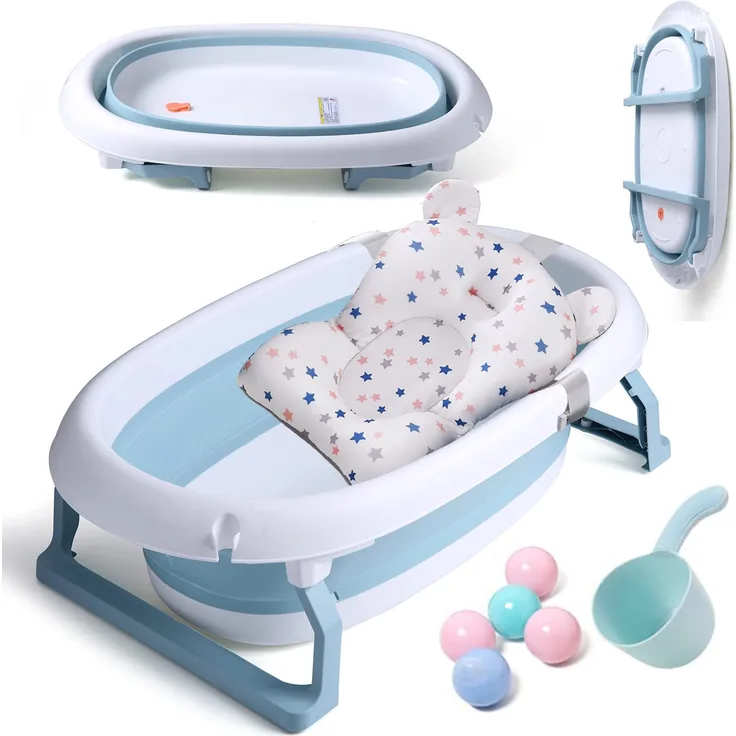 Groß Faltbare Baby Badewanne mit 55 Litern Volumen, Baby Wanne Inkl. Badewanneneinsatz Baby, Kinder Bälle, Baby-haarwaschbecher, Babybadewanne Faltbar für Babys 0-6 Jahre, 80 X 49 X 25 cm