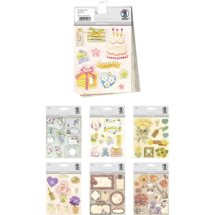 Ursus 56330003 - 3D-Sticker Set Birthday, Set mit 7 verschiedenfarbigen Stickerbogen, selbstklebend, leicht abziehbar, geeignet zur Kartengestaltung