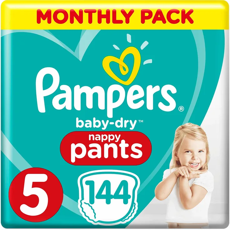 Pampers Baby-Dry Windelhose Größe 5, 144 Windelhöschen, 12-17kg, Easy-On mit Luftkanälen für bis zu 12 Stunden atmungsaktive Trockenheit, Monatspackung
