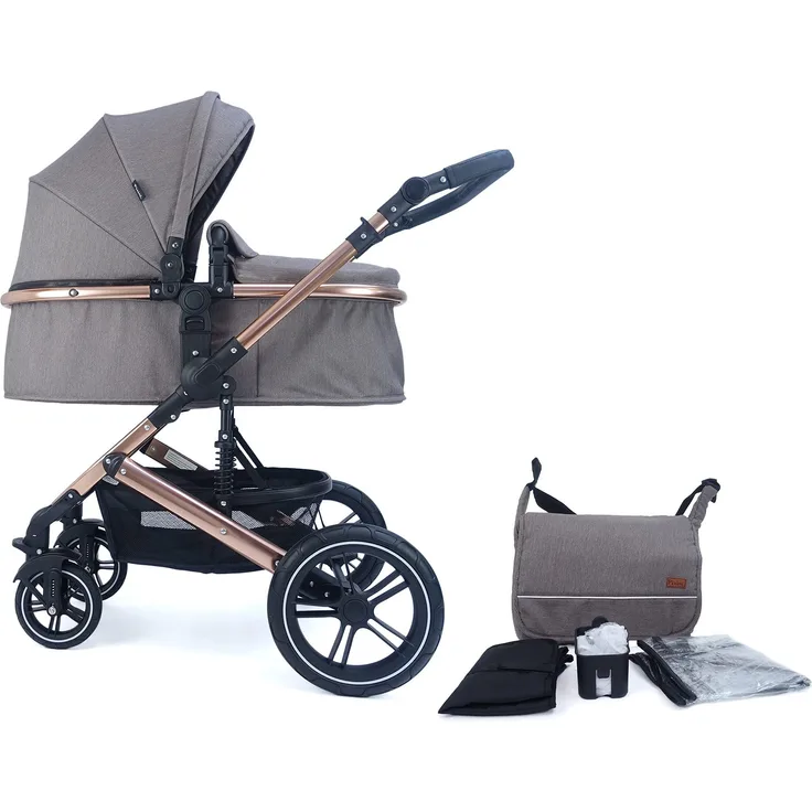 Pixini Neyla Kombi Kinderwagen mit Stoffwanne/Buggy/Wickeltasche/Getränkehalter/Regenplane/Mückennetz/Wickelauflage (gold/braun)