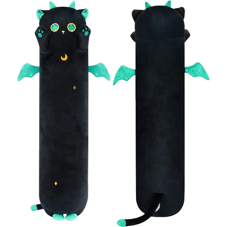 Mewaii Stofftiere Katzen Schwarze 50CM Plüsch Kissen Lang Kätzchen mit Großen Augen Plüschtier Ausgestopftes Tier Spielzeug Kuschelkissen Geschenk Plüschkissen über 3 Jahren