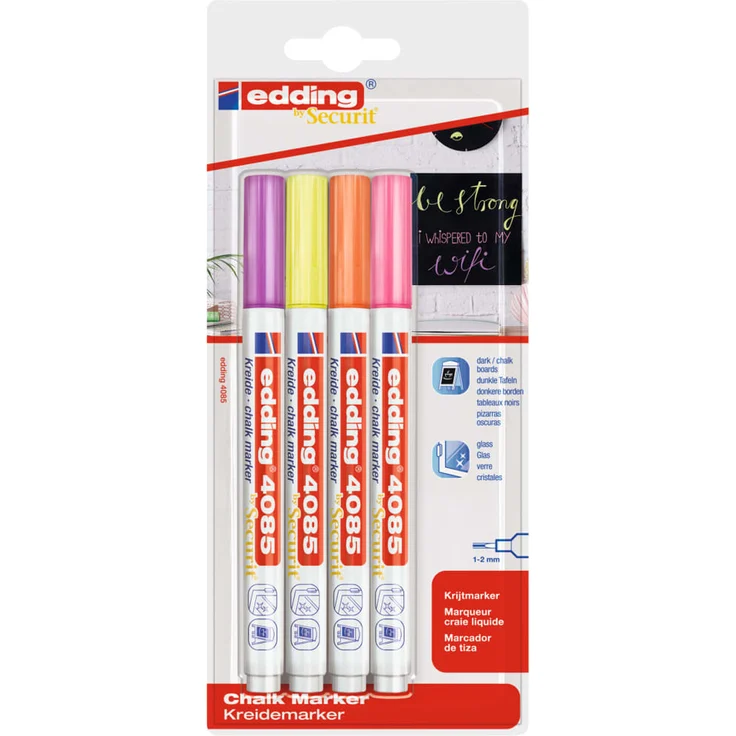 Edding e-4085/4 4-4085-4-1NEON Kridtmarker Hindbær Neongul Neon-orange Neonpink 1 mm 2 mm 4 stk – Bild 1