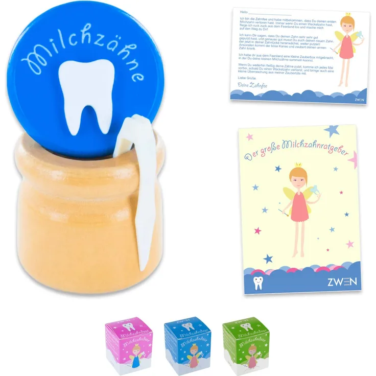 ZWEN MILCHZAHNDOSE Holz Schraubverschluss, Pinzette & Zahnfee-Brief + E-BOOK I Milchzahnbox für Mädchen & Jungen (Blau)