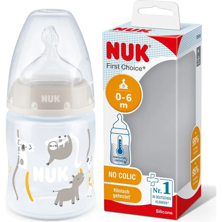 NUK First Choice+ Babyflasche | 0–6 Monate | Temperature Control Anzeige | 150 ml | Anti-Colic-Ventil | BPA-frei | Trinksauger aus Silikon | graues Faultier