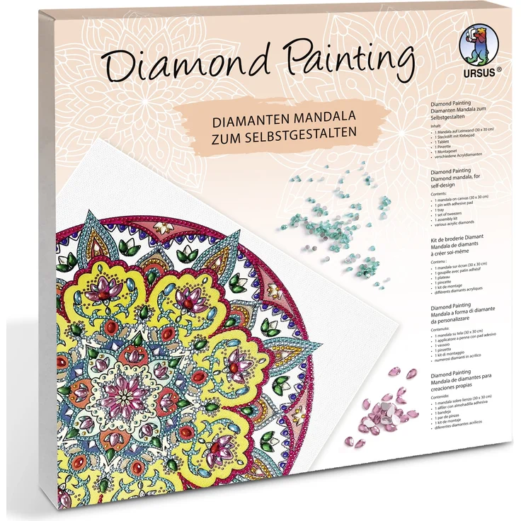 Ursus 43520003F - Diamond Painting Mandala Set 3, Bastelset mit Steinchen in gelb, weiß und rot, 1 Leinwand 30 x 30 x 1,5 cm – Bild 1